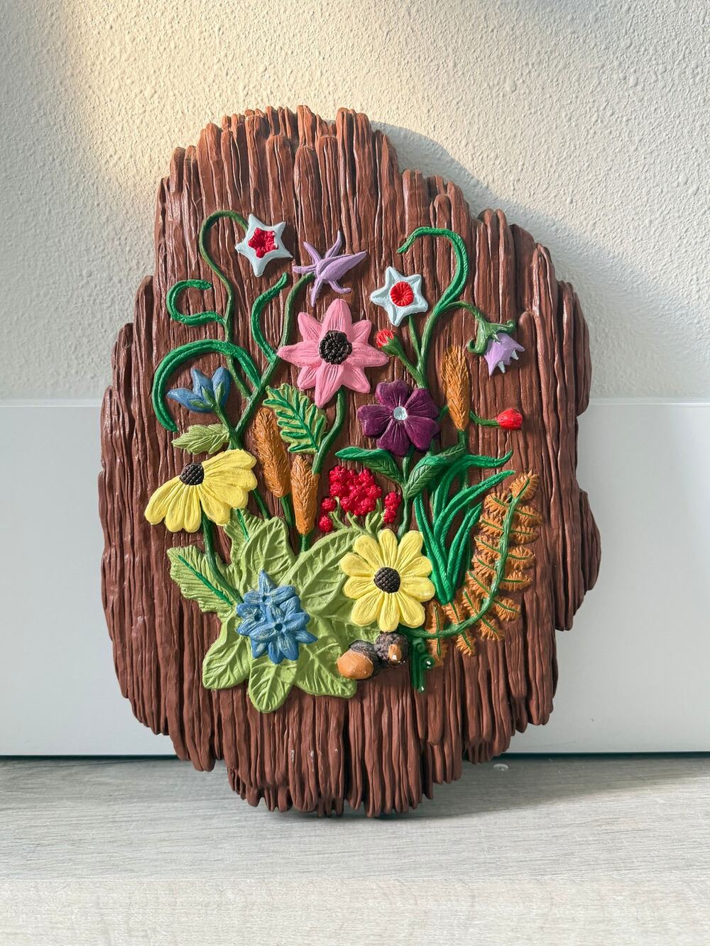 Vintage Handmade Floral Wall Plaque Rustic Vibrant styled as carved wood